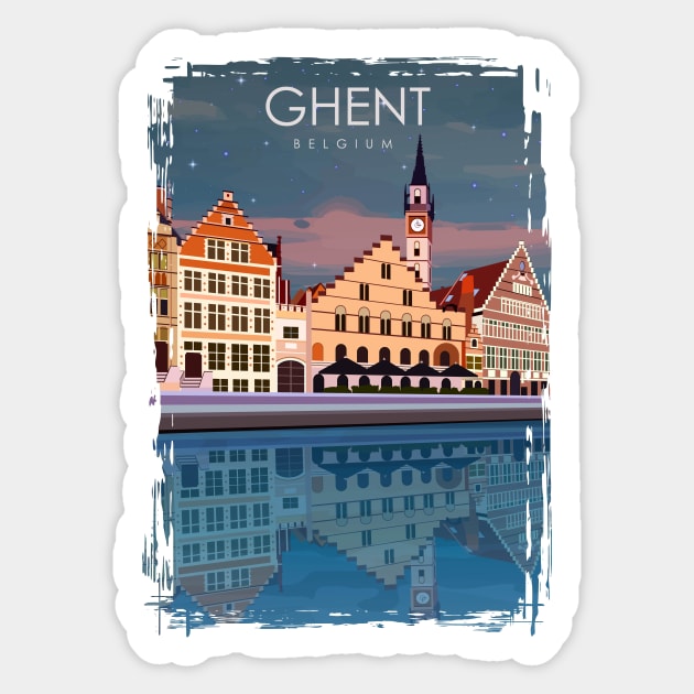 Ghent Blegium Vintage Minimal Retro Travel Poster at Night Sticker by jornvanhezik